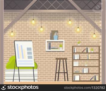Creative Coworking Open Space Modern Office Design. Shared Workplace Area with Book Self, Flip Board for Presentation with Diagram, Bar Stool for Freelancer. Flat Cartoon Vector Illustration. Creative Coworking Open Space Modern Office Design