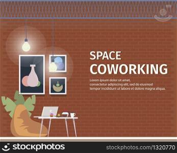 Creative Coworking Space for Freelancer. Open Space Cozy Office Interior Design. Trendy Shared Workplace for Freelance Business. Modern Studio for Work. Flat Cartoon Vector Illustration. Creative Coworking Space for Freelancer Banner