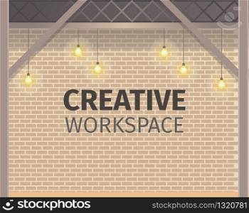 Creative Coworking Workspace. Brick Wall Banner. Freelance Open Area for Business, Work and Study. Shared Workplace Loft Style with Bright Lamp Light. Flat Cartoon Vector Illustration. Creative Coworking Workspace. Brick Wall Banner