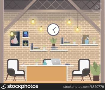 Creative Coworking Workspace Company, Cozy Office. Light Open Space Interior Design. Shared Work Area with Office Furniture, Laptop for Freelance Business. Flat Cartoon Vector Illustration. Creative Coworking Workspace Company, Cozy Office
