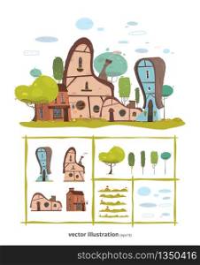 Creative Craft Set with Houses Different Design and Natural Elements. Brick and Stone Building, Trees, Grass, Sky with Clouds Bundle. Village or Countryside Creation. Vector Cartoon Illustration Eps10. Village Houses and Natural Elements Creative Set