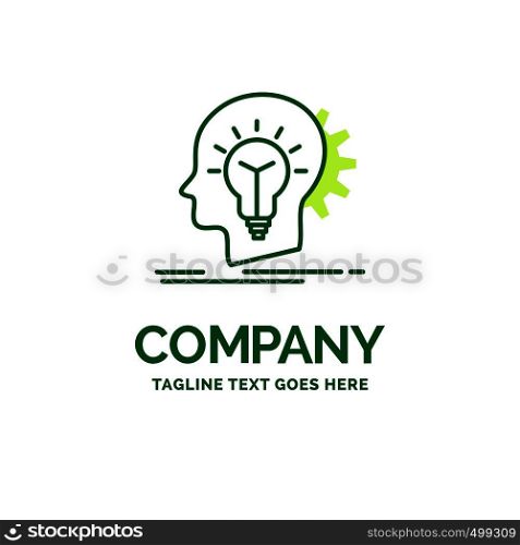 creative, creativity, head, idea, thinking Flat Business Logo template. Creative Green Brand Name Design.