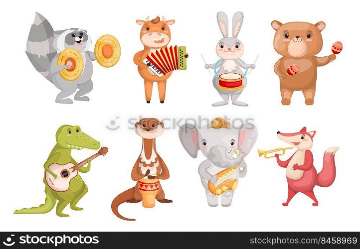 Creative cute animals playing music instruments set for web design. Cartoon bundle of animals with guitar, sax, drum isolated vector illustration collection. Creativity and entertainment concept