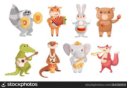 Creative cute animals playing music instruments set for web design. Cartoon bundle of animals with guitar, sax, drum isolated vector illustration collection. Creativity and entertainment concept