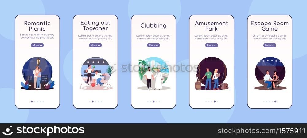 Creative dates onboarding mobile app screen flat vector template. Travel together. Play game. Walkthrough website steps with characters. UX, UI, GUI smartphone cartoon interface, case prints set. Creative dates onboarding mobile app screen flat vector template