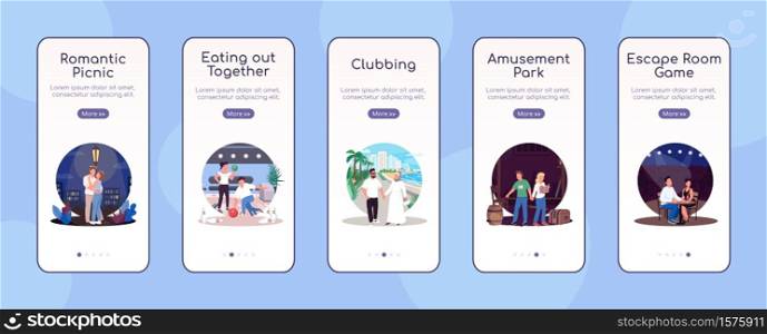 Creative dates onboarding mobile app screen flat vector template. Travel together. Play game. Walkthrough website steps with characters. UX, UI, GUI smartphone cartoon interface, case prints set. Creative dates onboarding mobile app screen flat vector template