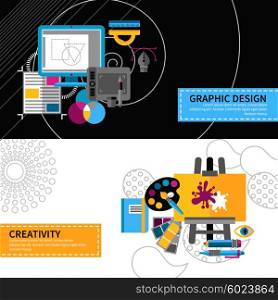 Creative Designer Banners Set . Creative designer horizontal banners set with graphic design symbols flat isolated vector illustration