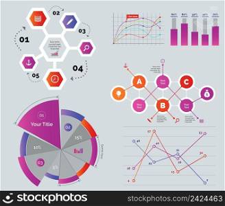 Creative diagrams set. Can be used for workflow layout, annual report, web design. Finance concept. Cycle chart Line graph Bar graph Percentage pie chart Flowchart Comparison line chart