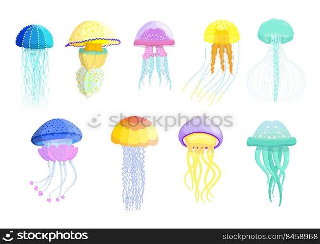 Creative different jellyfishes flat set for web design. Cartoon cute swimming marine creatures isolated vector illustration collection. Wildlife and ocean fauna concept