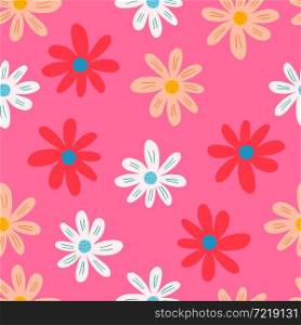 Creative ditsy seamless pattern on pink background. Cute chamomile print. Abstract floral ornament. Botanical backdrop. Design for fabric , textile print, surface, wrapping, cover.. Creative ditsy seamless pattern on pink background. Cute chamomile print.