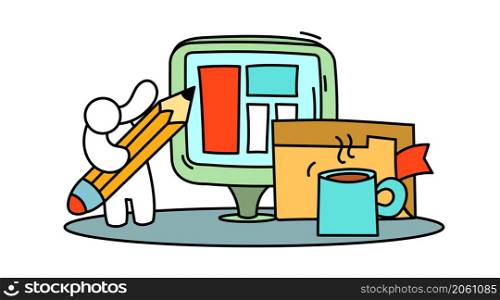 Creative doodle workplace people with computer, little human and coffee. Cute hand drawn teamwork office organization and collaboration. Success cooperation business. Vector flat cartoon illustration