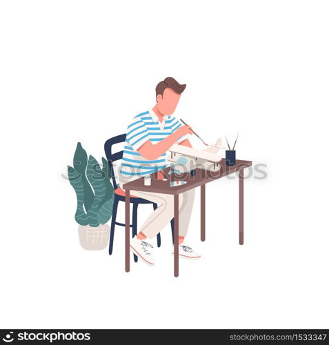 Creative engineer flat color vector faceless character. DIY activity for man. Male modeling and paint plane. Hobby and craft isolated cartoon illustration for web graphic design and animation. Creative engineer flat color vector faceless character