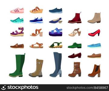 Creative female footwear flat pictures set for web design. Cartoon stylish seasonal summer sandals and autumn boots, running sneakers isolated vector illustrations. Fashion and shoes concept