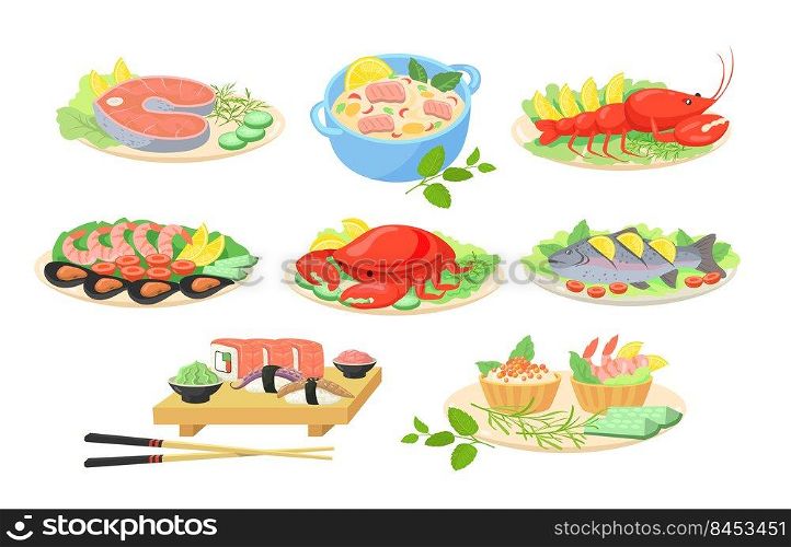 Creative festive seafood dishes flat pictures set for web design. Cartoon fish, shrimps, salmon, crab and lobster served on plates isolated vector illustrations. Sea cuisine and food concept