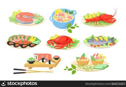 Creative festive seafood dishes flat pictures set for web design. Cartoon fish, shrimps, salmon, crab and lobster served on plates isolated vector illustrations. Sea cuisine and food concept