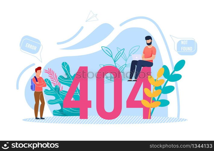 Creative Flat Poster with Tiny People, Male Internet Users, Office Workers, Student and Huge Numbers 404. Requested Page Not Found Error. Foliage Decoration. Vector Cartoon Illustration. Requested Page Not Found 404 Error Flat Poster