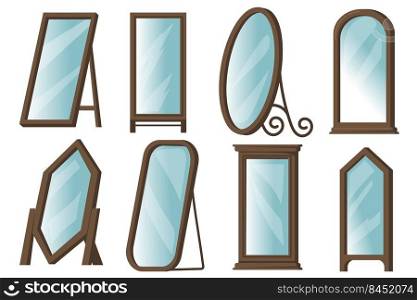 Creative floor mirrors with wooden frames flat item set. Cartoon rectangular or round mirrors for home isolated vector illustration collection. Hallway or bedroom interior design concept