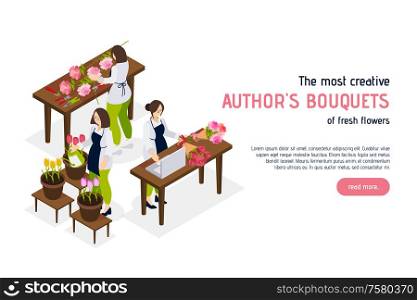 Creative florist isometric landing page with advertising of service offering authors bouquets of fresh flowers vector illustration