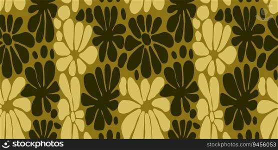 Creative flowers seamless pattern. Retro groovy floral background. Abstract stylized botanical wallpaper. Design for fabric, textile print, wrapping paper, fashion, interior, cover, illustration. Creative flowers seamless pattern. Retro groovy floral background.
