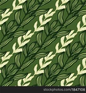 Creative forest branch with leaves seamless pattern on green background. Beautiful foliage backdrop. Nature wallpaper. For fabric design, textile print, wrapping, cover. Vector illustration.. Creative forest branch with leaves seamless pattern on green background.