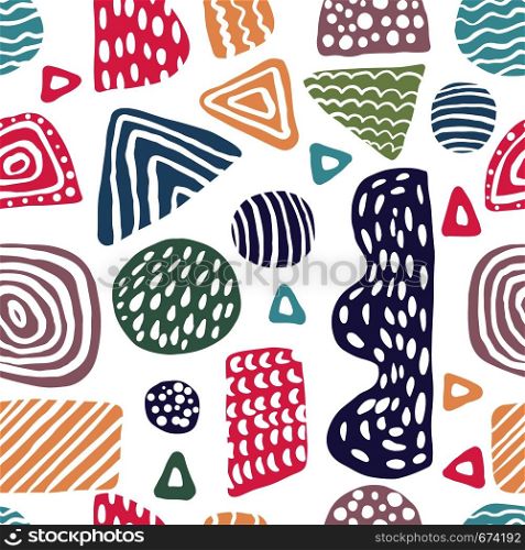 Creative freehand colored shapes seamless pattern. Simple design texture with chaotic painted shapes. Backdrop for textile or book covers, wallpapers, design, wrapping. Creative freehand colored shapes seamless pattern. Simple design