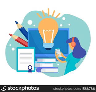 Creative girl has new idea. Vector creativity concept. Young student with smartphone illustration. Idea light bulb, girl character thinking. Creative girl has new idea. Vector creativity concept. Young student with smartphone illustration