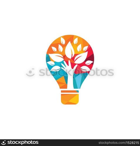 Creative green hand tree and bulb logo design. Natural products logo. Cosmetics icon. Spa logo. Beauty salon or yoga logo.