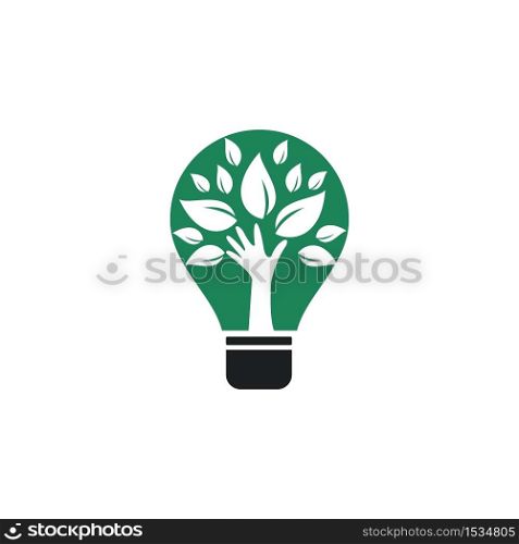 Creative green hand tree and bulb logo design. Natural products logo. Cosmetics icon. Spa logo. Beauty salon or yoga logo.