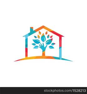 Creative green hand tree and house logo design. Natural home care logo. Spa logo. Beauty salon or yoga logo.