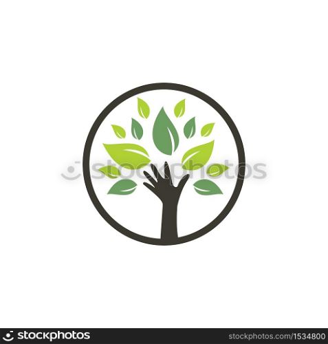 Creative green hand tree logo design. Natural products logo. Cosmetics icon. Spa logo. Beauty salon or yoga logo.