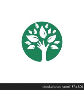 Creative green hand tree logo design. Natural products logo. Cosmetics icon. Spa logo. Beauty salon or yoga logo.