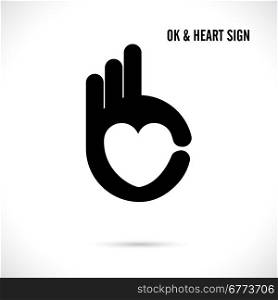 Creative hand and heart shape abstract logo design.Hand Ok symbol icon.Corporate business creative logotype symbol.Vector illustration