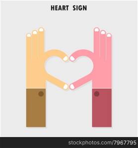 Creative hand sign and heart abstract vector logo design. Hand Heart shape symbol.Teamwork,team,partner,partnership,cooperation,harmony,unity,success,achievement,meeting,love and business creative logotype concept. Vector illustration