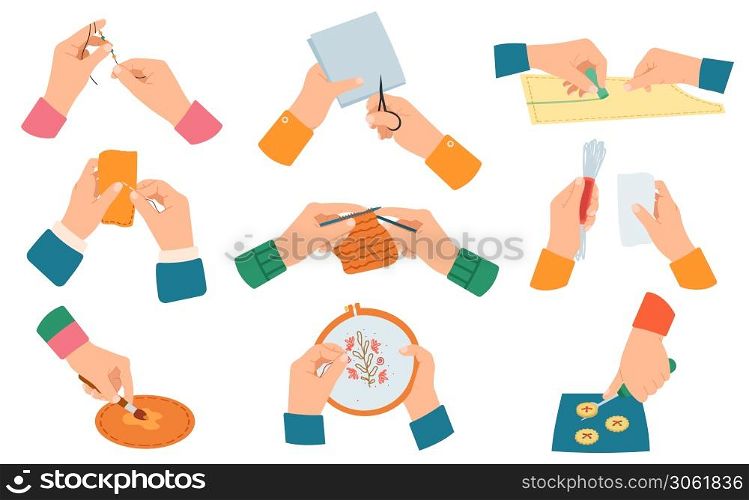 Creative handcraft. Workshop, needlework and knitting handmade process, human hands do hand craft isolated vector illustration set. Hands stringing beads, cutting paper with scissors, embroidering. Creative handcraft. Workshop, needlework and knitting handmade process, human hands do hand craft isolated vector illustration set