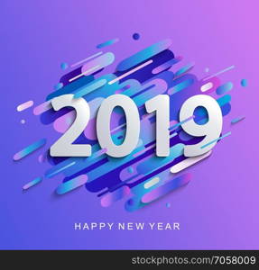 Creative happy new year 2019 card on modern gradient dynamic background. Perfect for presentations, flyers and banners, leaflets, postcards and posters. Vector illustration.. New Year 2019 on modern gradient motion background