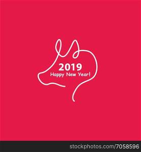 Creative happy new year 2019 design with one line design silhouette of pig. Minimalistic style vector illustration. Flat style.. Creative happy new year 2019 design with one line design silhouette of pig. Minimalistic style vector illustration. Flat style