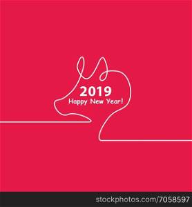 Creative happy new year 2019 design with one line design silhouette of pig. Minimalistic style vector illustration. Flat style.. Creative happy new year 2019 design with one line design silhouette of pig. Minimalistic style vector illustration. Flat style