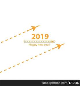 Creative happy new year 2019 design with Progress loading bar with airplane is in a dotted line. The flying apartment is black. The waypoint is for a tourist trip. Track on a white background. Vector illustration. Tourism. Travel.. Creative happy new year 2019 design with Progress loading bar with airplane is in a dotted line. The flying apartment is black. The waypoint is for a tourist trip. Track on a white background. Vector illustration. Tourism. Travel