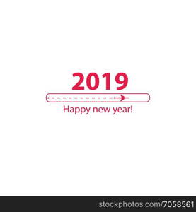 Creative happy new year 2019 design with Progress loading bar with airplane is in a dotted line. The flying apartment is black. The waypoint is for a tourist trip. Track on a white background. Vector illustration. Tourism. Travel.. Creative happy new year 2019 design with Progress loading bar with airplane is in a dotted line. The flying apartment is black. The waypoint is for a tourist trip. Track on a white background. Vector illustration. Tourism. Travel