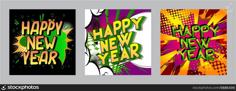 Creative happy new year holiday design card on comic book background. Vector illustration template collection.