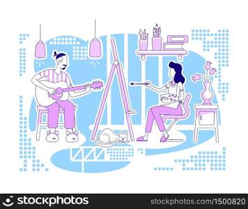 Creative hobbies flat silhouette vector illustration. Man and woman stay at home together. Weekend family activities. Couple outline characters on blue background. Recreation simple style drawing. Creative hobbies flat silhouette vector illustration