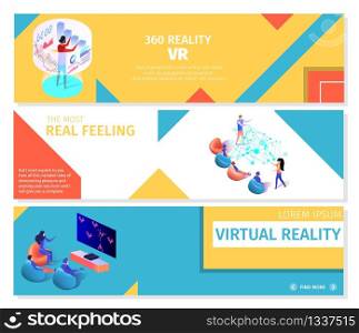 Creative Horizontal Banners Set with Copy Space. People Playing 360 Virtual and Augmented Reality Games, VR Entertainment Industry of Future. Men and Women Gaming 3D Flat Vector Isometric Illustration. People Playing 360 Virtual Games Banners Set