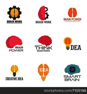Creative idea brain logo set. Flat set of 9 creative idea brain vector logo for web design. Creative idea brain logo set, flat style