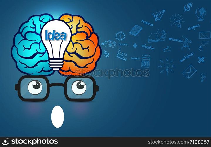creative idea concept. brain icon and face layout. isolated background blue. illustration cartoon vector