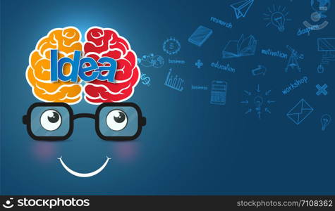 creative idea concept. brain icon and face layout. isolated background blue. illustration cartoon vector