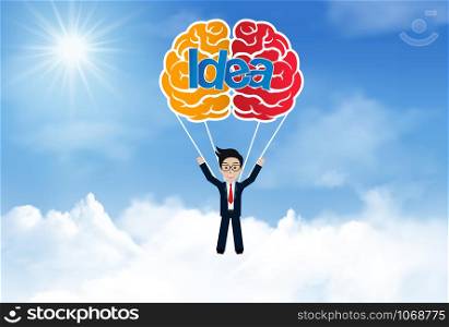 creative idea concept. brain parachute with businessman jump with from sky. business success. vector illustration
