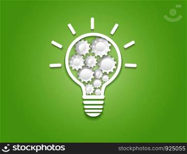 Creative Idea Concept. White light bulb and gear wheel on green background.