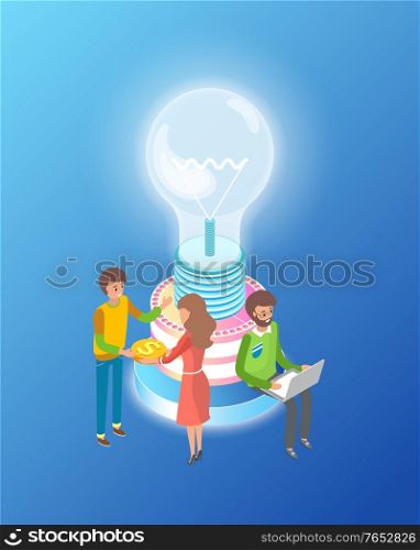 Creative idea in business vector, people with money and financial assets to start new project, man with laptop looking for info, woman with gold coin. People with Startup Lightbulb, Idea in Business