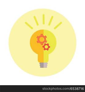 Creative Idea in Light Bulb Shape. Creative idea in light bulb shape as inspiration concept. Light bulb with gears working together, idea concept. Light lamp sign icon. Idea symbol. Flat design vector illustration