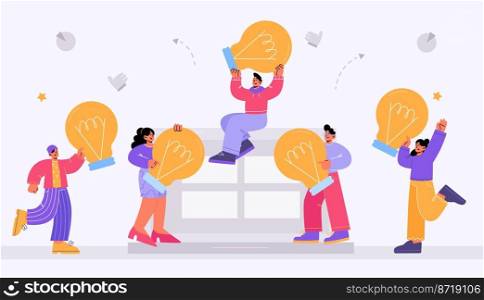 Creative idea, inspiration, innovation concept. Business characters team hold l&s search solution or insights. Tiny people with huge light bulbs at laptop screen, Line art flat vector illustration. Creative idea, inspiration, business innovation